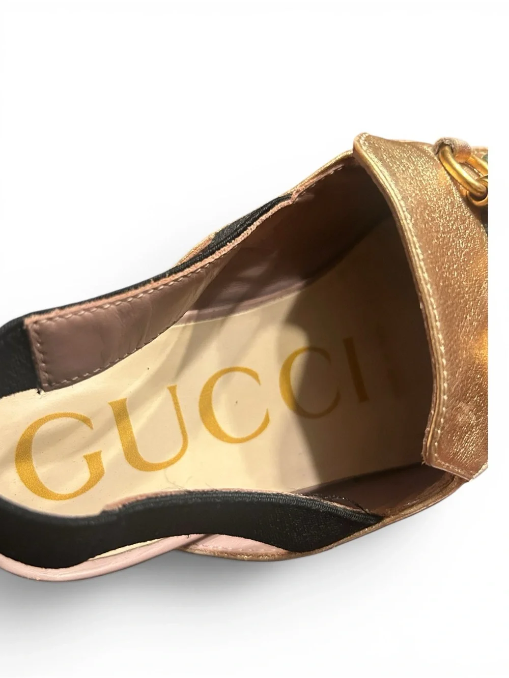 Gucci Girls Princeton Gold Leather Slingback Mules with Mismatched Motifs